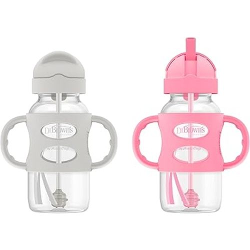 Dr. Brown's Milestones Wide-Neck Sippy Straw Bottle with 100% Silicone Handles and Weighted Straw, 9 oz/270 mL, Gray & Pink, 6m+, 2 Count (Pack of 1)