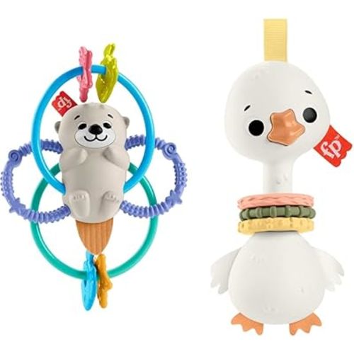 Fisher Price Baby Toys Twist & Teethe Otter 2-in-1 Rattle and Clack & Quack Goose Sensory Toys 3+ Months