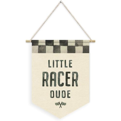 Race Car Wall Art,Little Racer Dude Canvas Banner,Lightning Mcqueen Boys Room Pennant Flag Banner Wall Decor,Pixar Cars Room Decor,Nursery Wall Hanging for Kids Toddler Boys Bedroom Playroom