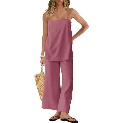 Panadila 2 Piece Linen Set Summer Travel Beach Vacation Outfit Spaghetti Strap Tank Top and Pants with Pockets