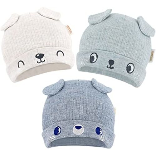 DOKMA Organic Cotton Toddler Hat Set 3 Cute Animal Ears Design, Beanies for Baby Boys and Girls 0-6 Months Light Gray & Blue