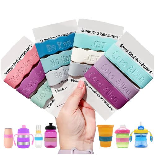3 Piece Personalized Baby Bottle Labels for Daycare School Summer Camp Customized Children's Water Bottle Name Bands Custom Engraved Reusable Silicone Cup Bands Labels