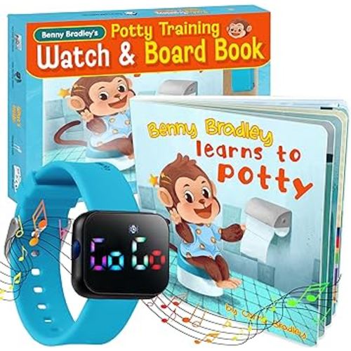 Potty Training Watch & Board Book for Kids – A Water Resistant Potty Reminder Device for Boys & Girls - Train Your Toddler with Fun Musical or Vibration Reminders and Printed Board Book (Blue)