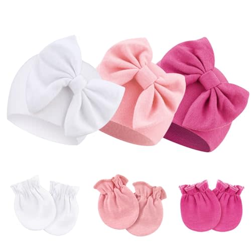 BQUBO Newborn Girls Hats Baby Hat and Mittens Set Infant Caps Bow Hospital Beanie with No Scratch Mittens for Baby Boys Girls