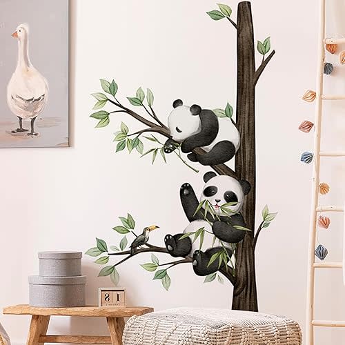 Panda Wall Sticker，Cute Cartoon Panda Wall Decal，Removable Cartoon Panda on The Tree Branch Kids Room Wall Stickers Personalize Name Wall Art Sticker，for Nursery Playroom Bedroom Decoration