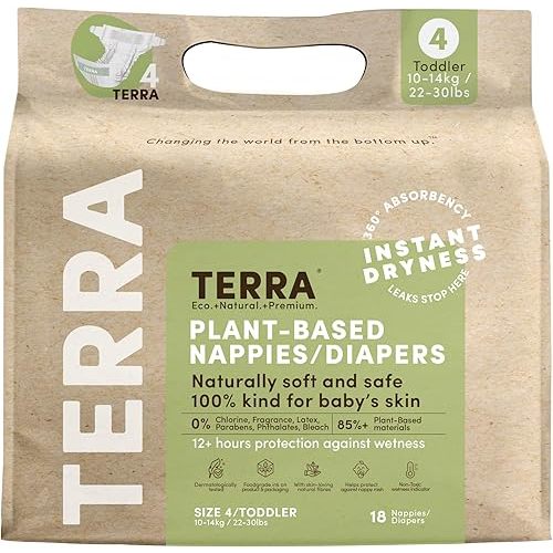 Terra Size 4 Diapers: 85% Plant-Based Diapers, Ultra-Soft & Chemical-Free for Sensitive Skin, 22-30 Pounds, 18 Count (Pack of 8)