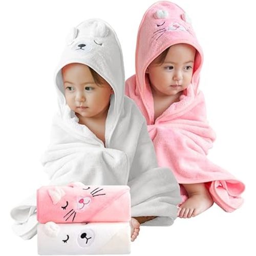 Baby Bath Towel,2 Pack Hooded Babie Towels for Newborn,Infant,Toddler,Ultra Absorbent Soft (White Bear+Pink cat)