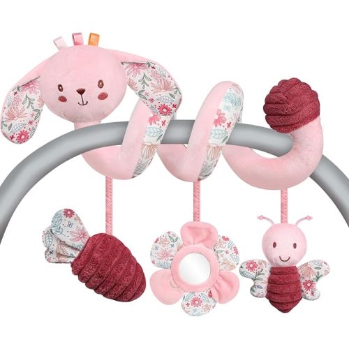 USATDD Car Seat Toys for Babies, Spiral Hanging Toys Stroller Activity Toys, Pink Sensory Baby Plush Carseat Toys Baby Toys Newborn Essentials for 0 3 6 12 Months