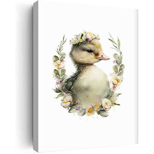 Duckling with Flower Crown,Farmhouse Nursery Decor-Kids Bedroom-Farm Animal Poster,Home Decor for Girls-Teens or Kids Room-Baby Bedroom-Nursery - Great Shower Gift-12"x16" canvas print with frame