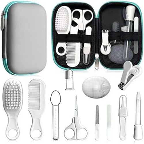 Baby Grooming Kit - Nursery Essentials Baby Registry Shower Gift for Newborns, Infants, Toddlers, Boys, Girls Kids-Safety Baby Comb, Brush, Finger Toothbrush, Nail Clippers, Scissors (Grey White 12 in 1)