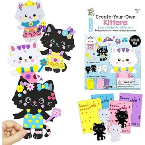 VKPI 4 Pieces Cats Foam Art Crafts Gift Kit, Creative Make Your Own Kittens, Cartoon Foam Paper Craft Projects for Kids Ages 4+ Toddler, Preschool Learning Toy for Birthday Party Favor Supplies