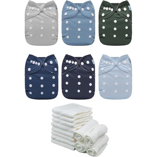 ALVABABY Baby Cloth Diaper 6 Pack with 12 Inserts One Size Cloth Diaper Covers Adjustable Washable Reusable for Baby Girls and Boys 6BM111