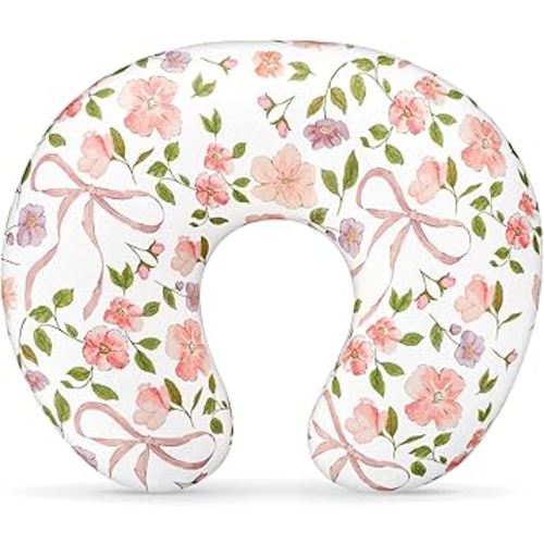 Nursing Pillow Cover, Stretchy Removable Breastfeeding Pillow Cover, Ultra Soft Snug Fits On Newborn Feeding Pillow Case for Baby Girls, Pink Bow