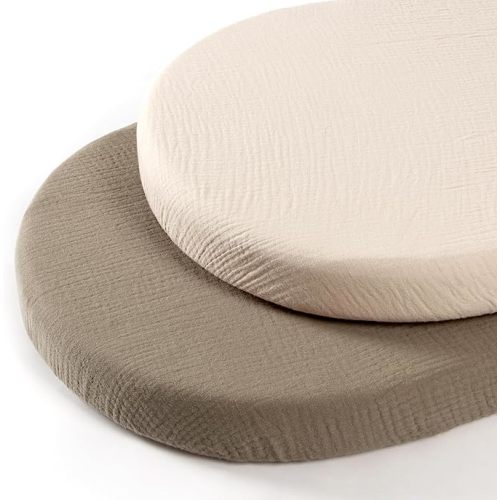 lulumoon Muslin Bassinet Sheets Fitted - Universal Cotton Baby Sheets for Rectangle, Hourglass or Oval Bassinet Mattress (Olive & Cream)