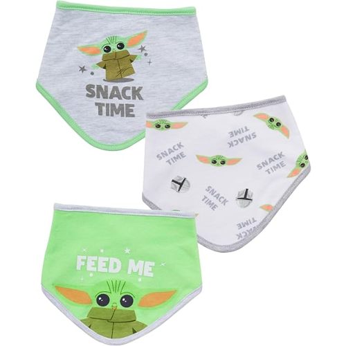 STAR WARS Baby Boys Baby Yoda Bandana Bibs 3 Pack Set for Feeding, Teething, and Drooling (Green/White/Grey, 0-12 Months)