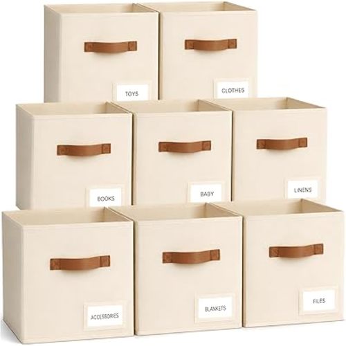 Storage Cubes 8 Pack, 11 Inch Fabric Storage Cubes Organizer Bins with Labels, Odor-Free & Sturdy PP Structure, Cubby Baskets for Closet, Shelves, Toys & Nursery (Beige)