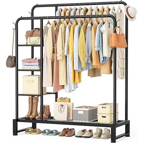 Double Rods Clothes Rack Clothing Rack with 4 Tier Storage Shelves Clothes Rack for Hanging Clothes Multifunctional Heavy Duty Clothes Organizer with Hooks for Bedroom,Wardrobe Closet,Shop,Black
