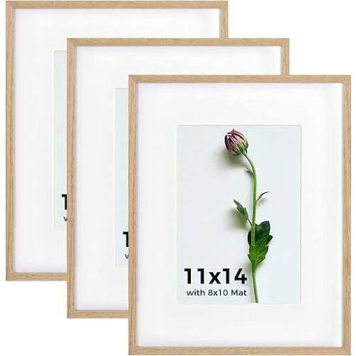 11x14 Picture Frame Set of 3, Solid Oak Photo Frames with Plexiglass Display Picture 8x10 with Mat or 11 x 14 without matte Wall Hanging Collage frame Wall Decor
