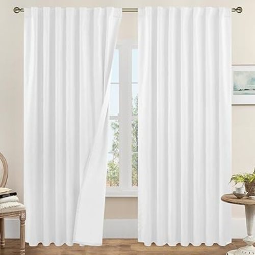 LAMIT White 100% Blackout Linen Curtains 84 Inches Long, Linen Textured Living Room Farmhouse Curtains Full Room Darkening Back Tab and Rod Pocket Panels with White Liner, 2 Panels, 60 x 84 Inch
