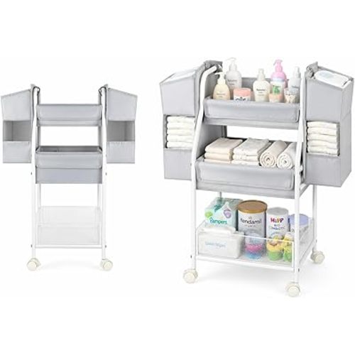 Moteph Rolling Utility Cart with Side Storage, 3-Tier Diaper Cart & Baby Caddy Organizer for Nursery Essentials, Bedside/Postpartum Nursing Cart, Craft & Art Storage Organizer, Rolling Book Cart