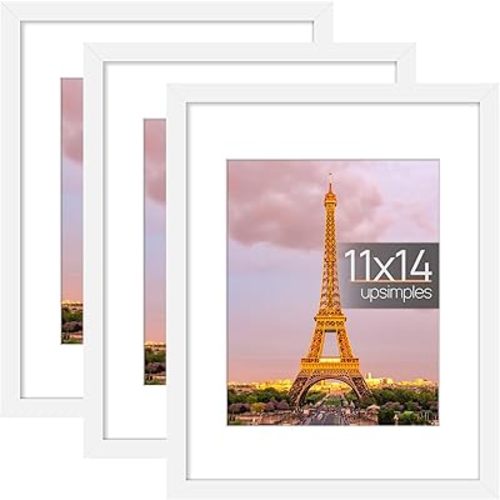 upsimples 11x14 Picture Frame Set of 3, Made of High Definition Glass for 8x10 with Mat or 11x14 Without Mat, Wall and Tabletop Display Photo Frames, White