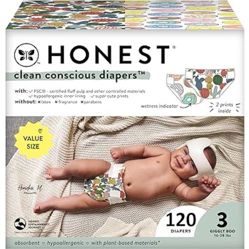 The Honest Company Clean Conscious Diapers | Plant-Based, Sustainable | Cactus Cuties + Donuts | Super Club Box, Size 3 (16-28 lbs), 120 Count