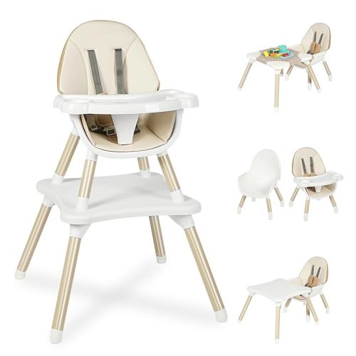 6 in 1 Baby High Chair, Convertible Highchair for Babies and Toddlers, Building Block Table Highchair with 5-Point Safety Harness/Removable Tray, Infant Feeding Table and Chair Set, Khaki