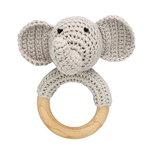 Joliecraft Woodland Friends Baby Rattle Shaker Toy with Wooden Teething Ring Gray Elephant