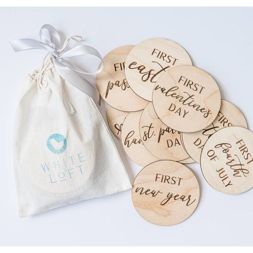 Baby First Holiday Milestone - 12 Engraved Birch Photoshoot Props for Baby's First Valentine's, Christmas, Hanukkah, and More