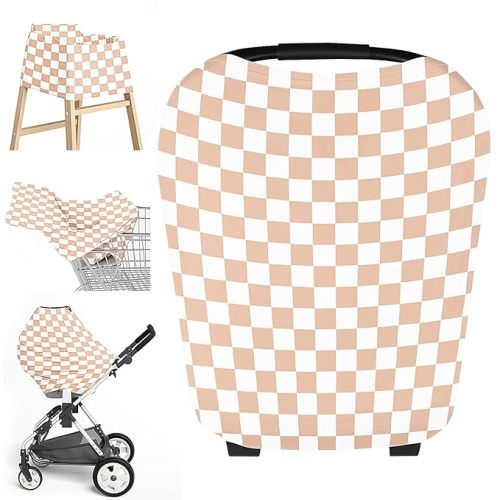 Multi-use Baby Carseat Cover, Breathable Nursing Cover, High Stretchy Infant Carseat Canopy, Stroller Cover, Car Seat Covers for Bbies, Boys & Girls (Cream Checkered)