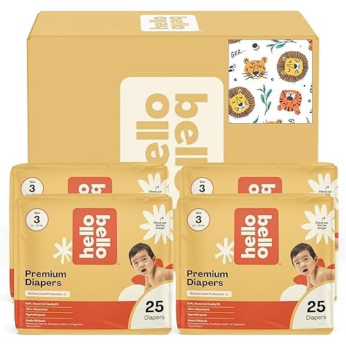 Hello Bello Diapers, Size 3 (14-24 lbs) Wild Cats, 100 Count Value Pack of Premium Disposable Baby Diapers, Hypoallergenic with Soft, Cloth-Like Feel