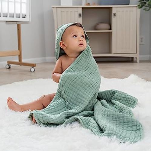 Comfy Cubs 2 Pack Baby Hooded 9 Layer Muslin Cotton Towel for Kids, Large 32” x 32”, Ultra Soft, Warm, and Absorbent. Baby Essentials Bath Towels, Cute Unisex Cover for Girls and Boys (2 Pack, Fern)