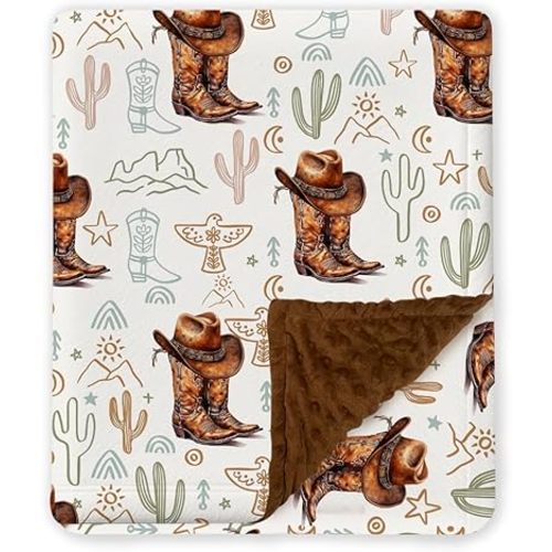 Western Baby Blanket, Cowboy Minky Blankets for Boys Girls, Nursery Room Decor, Soft Warm Lightweight Nursery Bed Blanket for Newborn Toddlers Son Daughter (01)