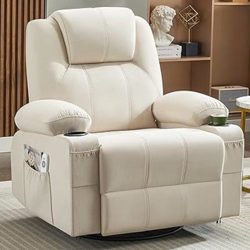Swivel Rocker Recliner Chair with Heat and Massage, 360 Degree Swivel Rocking Single Sofa with Cup Holders and USB Port, Big Large Oversized Recliner Chair for Living Room (Fabric, Beige)