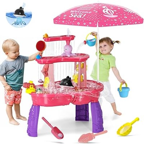 Sand Water Table Toys for Toddlers 1-3 3-5 with Umbrella, 3-Tier Kids Outdoor Water Tables Toy, Auto Electric Pump Sensory Play Water Table for Girls 4-8, Outside Beach Summer Water Toy, Pink&Purple