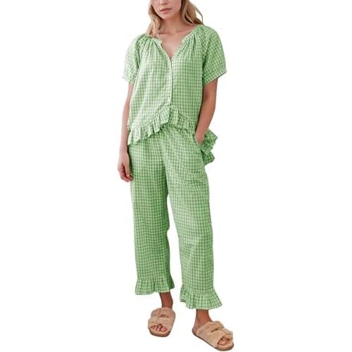 Flygo Womens Plaid 2 Piece Pajamas Sets Gingham Button Down Puff Sleeve Babydoll Shirt Ruffle Pants Y2K Pjs Lounge Set