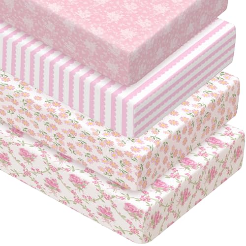 Peryiter 4 Pack Crib Sheets for Baby Pink Flower Soft Baby Bed Sheet Set 52'' x 28" Nursery Crib Sheets for Standard Bed Toddler Mattress Nursery Decor Boys Girls Kids