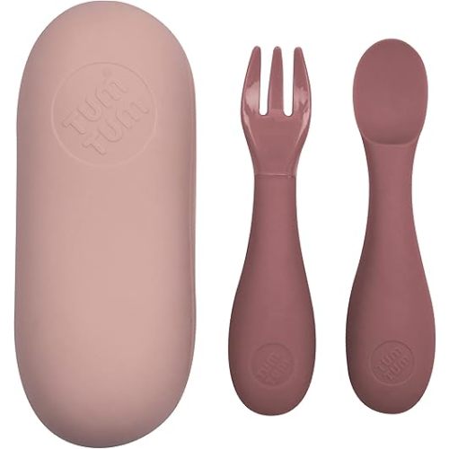 TUM TUM Baby Cutlery with Case, Baby Spoon & Fork Set, Baby Cutlery for Babies, First self Feeding Cutlery, Silicone Baby Spoon & Fork, 6 Months Plus, (Pink)