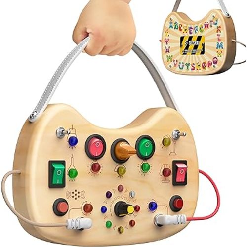 Busy Board with LED Light Switches,Toddlers Montessori Educational Toys for 1 2 3 Years Olds,Wooden Autism Activity Baby Busy Board,Sensory Travel Toys 1+ Year Old Boy&Girl Birthday Gift
