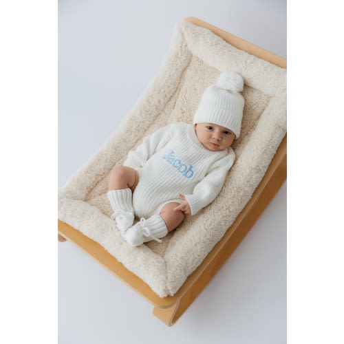 embroider personalize baby chunky knit romper unisex coming home milestone photo announcement outfit custom sweater name bow hat booties set