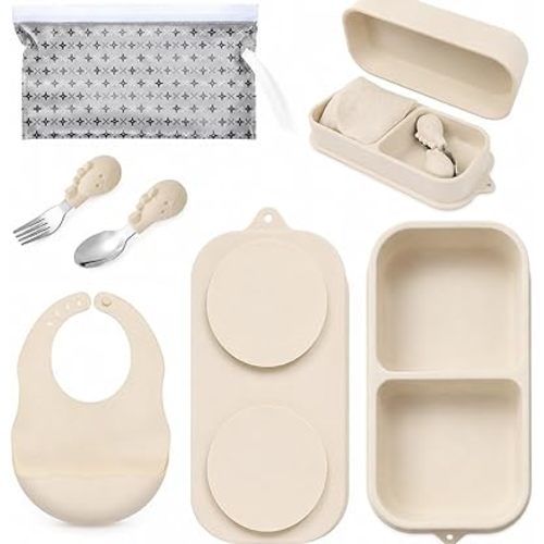 Travel Silicone Baby Feeding Set with 316 Stainless Steel Spoon & Fork ,Silicone Suction Plates, Foldable Bib, Storage Bag - Portable Infant Toddler Utensils, 6-Piece BPA-Free Dishware Kit（gray）