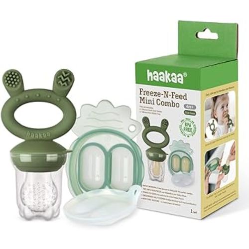 Haakaa Freeze-N-Feed Mini Combo with Silicone Food Feeder & Silicone Mini Nibble Tray|Baby Solid Food Self Feeder|Breastmilk Popsicle Mold Storage & Feeder for Soothing Baby Gums 1 PK (Olive Green)