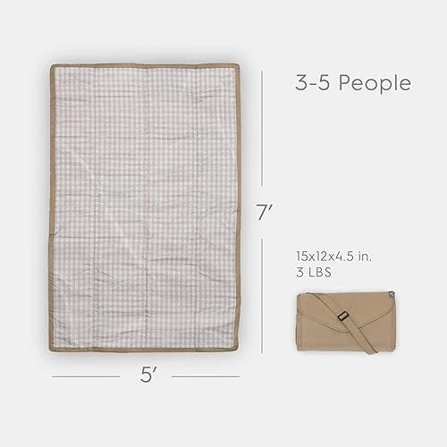 Little Unicorn 5'x7' Outdoor Family Picnic & Beach Blanket | Durable & Water-Resistant Fabric | Compact Fold & Easily Wipes Clean | Zipper Pocket (Beige Buffalo Check)
