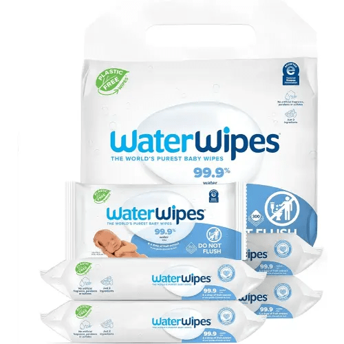 WaterWipes Plastic-Free Original Baby Wipes, 99.9% Water Based Wipes, Unscented & Hypoallergenic for Sensitive Skin, 300 Count (5 packs)