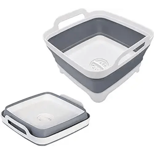 Goderewild 2.4 Gal(9L) Collapsible Dish Basin with Drain Plug, Space Saving Outdoor Multiuse Foldable Sink Tub, Dishpan, Kitchen Storage Tray for Camping, Vegetable Washing, RV (Gray)