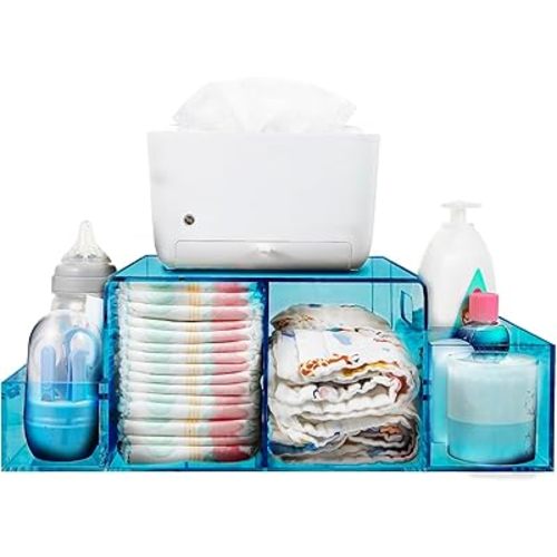 Acrylic Diaper Caddy, Baby Wipes Organizer for Changing Table, Dresser Top Tabletop Organizer with 4 Detachable Compartments, Anti-slip Rubber Feet, Newborn Baby Essentials, Blue