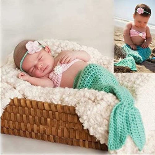 M&G House Newborn Photography | Baby Props Outfit | Photo Costume | Girls Handmade Crochet Mermaid Set Headband Bra Tail