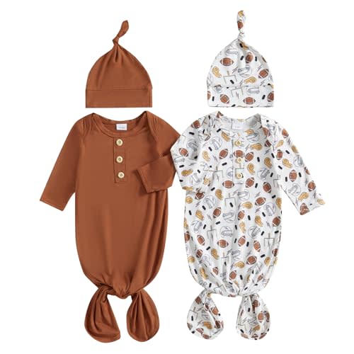 woshilaocai 2 Pack Baby Boy Girl Gown Sleeper Newborn Knotted Nightgown and Hat Set Infant Sleepwear