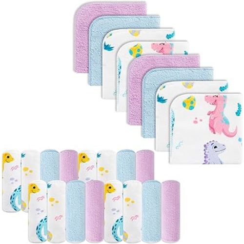 softan Baby Washcloths, 24Pack Baby Wash Cloths Extra Soft & Ultra Absorbent, Baby Towels and Washcloths Face Towel Unisex for Boys Girls Face & Body (Purple Dinosaur)