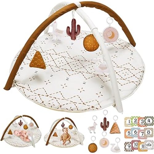 Tummy Time Activity Mat, Macrame Baby Play Gym Mat with 6 Detachable Toys and 12 Milestone Cards for Stage-Based Sensory and Motor Skill Development, Washable Play Mats for Infant, Non Slip Play Mat